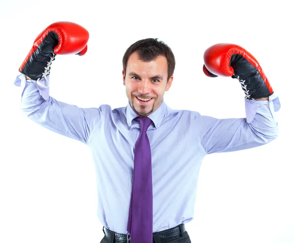 Porträt eines Geschäftsmannes in roten Boxhandschuhen — Stockfoto
