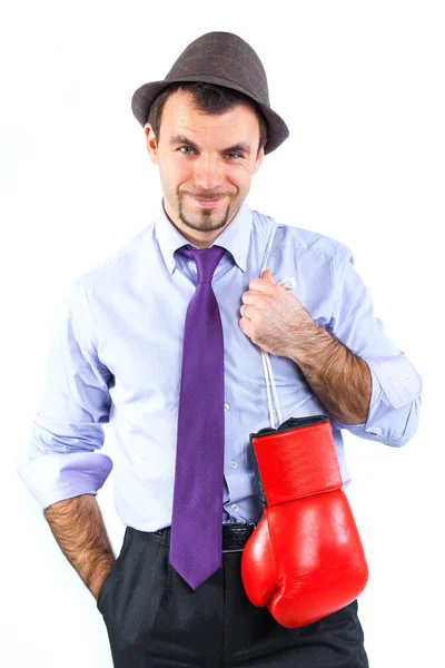 赤いボクシング用グローブにビジネスの男の肖像 — ストック写真