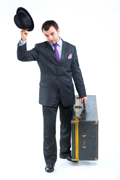 Portrait of a business man with big old suitcase — Stock Photo, Image