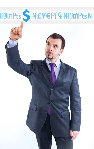 Business man pointing to money graph — Stock Photo, Image