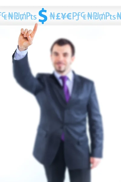 Business man pointing to money graph — Stock Photo, Image