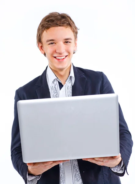 Glada leende ung man med dator laptop — Stockfoto