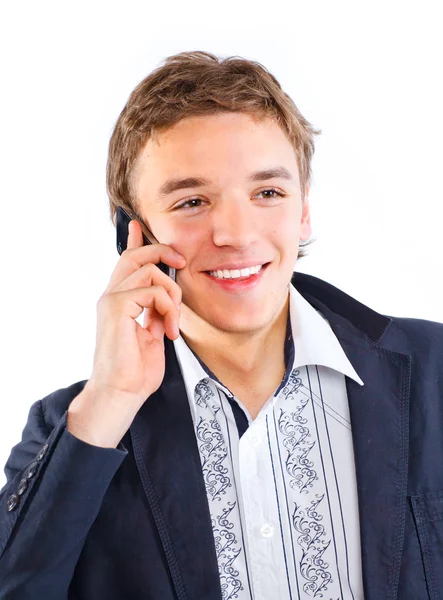 Pohledný muž portrét mluvit na mobilní telefon — Stock fotografie