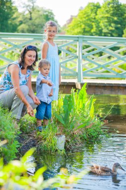 Aile ördekler izlerken parkta bir yürüyüş