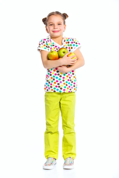 Menina feliz com maçãs — Fotografia de Stock