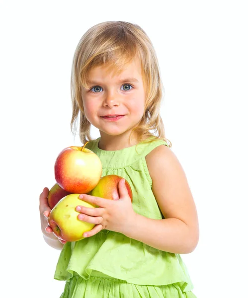 Retrato de menina feliz com maçãs — Fotografia de Stock