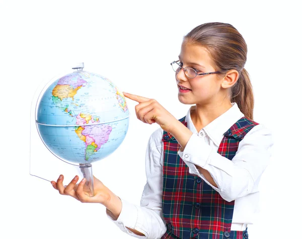 stock image Schoolgirl with a globe