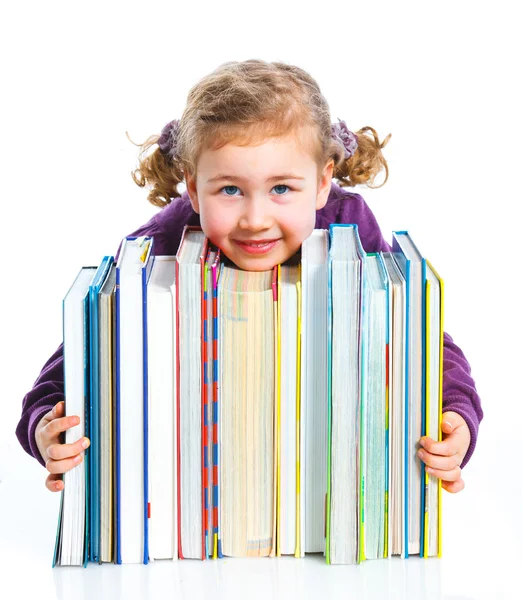 Onderwijs - grappig meisje met boeken. — Stockfoto