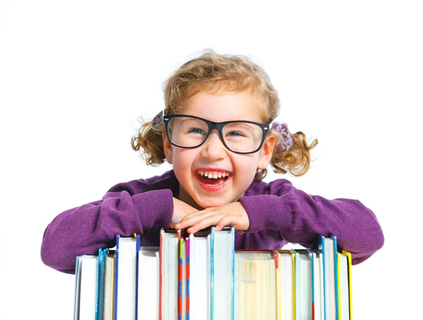 Onderwijs - grappig meisje met boeken. — Stockfoto