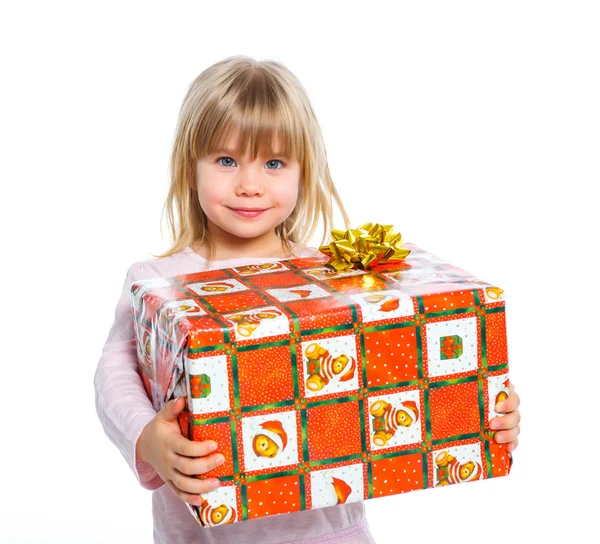 Portrait of happy little girl with gift box — Stock Photo, Image
