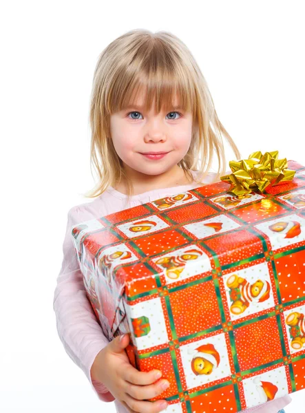 Portrait of happy little girl with gift box — Stock Photo, Image