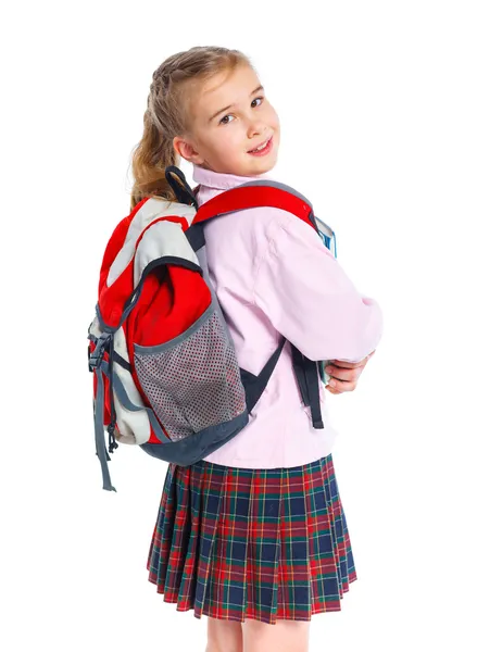 Blond school meisje met rugzak tas — Stockfoto