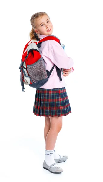 Liten blond skolflicka med ryggsäck väska — Stockfoto