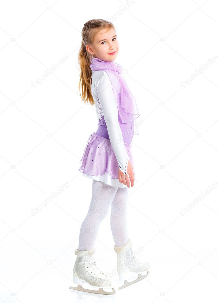 Happy young girl figure skating.Isolated.