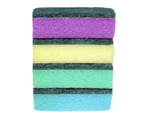 Quatro esponjas coloridas para lavar pratos e limpar — Fotografia de Stock