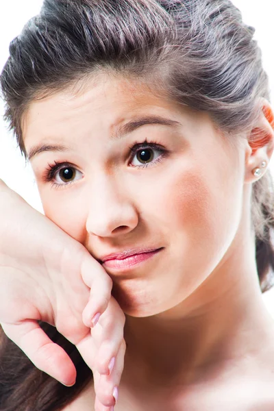Portret van prachtige boos tiener meisje op geïsoleerde Wit — Stockfoto