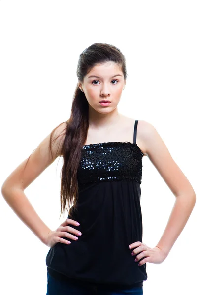 Mooie tiener meisje met lange donkere haren op geïsoleerde Wit — Stockfoto
