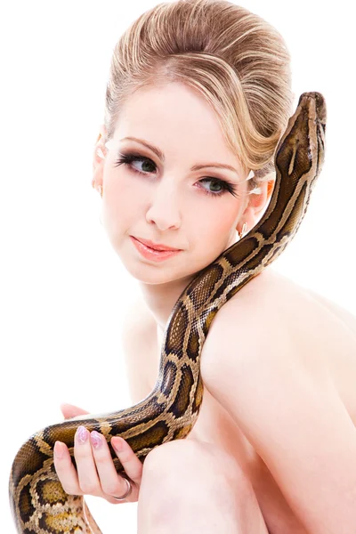 stock image Beautiful woman holding Python on isolated white