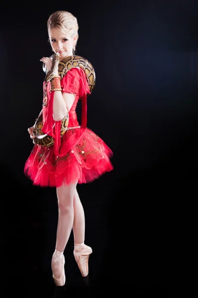 Красивая балерина девушка в красном живописном платье с питоном на черном — стоковое фото