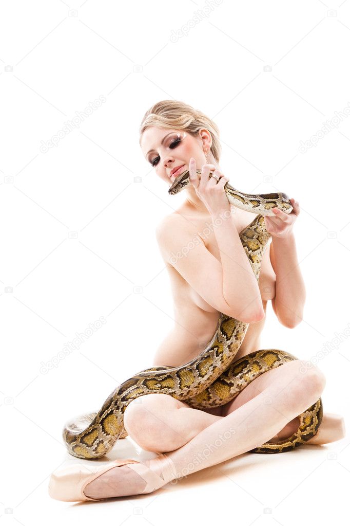 Attractive nude ballerina with python on isolated white