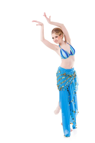 Belly dancer girl in blue isolated on white — Stock Photo, Image