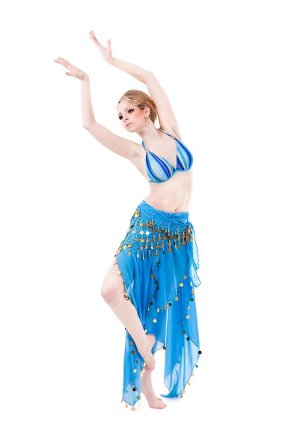 Χορεύτρια της κοιλιάς κορίτσι με τα μπλε που απομονώνονται σε λευκό — Φωτογραφία Αρχείου