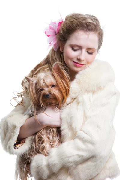 Girl in red with yorkshire terrier on isolated white — Stock Photo, Image