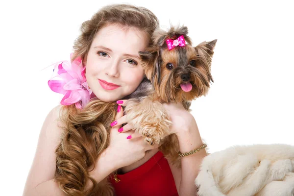 Girl in red with yorkshire terrier on isolated white — Stock Photo, Image