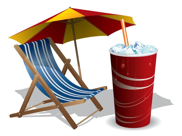 Silla de playa con sombrilla y bebida — Vector de stock