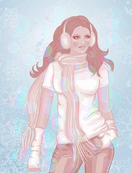 Chica con una bufanda en el fondo de los copos de nieve — Vector de stock