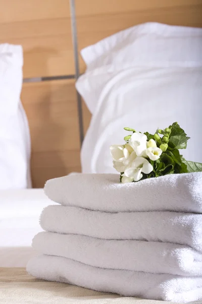 stock image Bed in a luxury hotel room