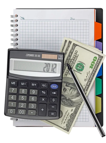 Calculator met een pen in een notitieblok — Stockfoto