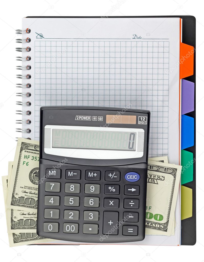 Calculator and dollars on notebook closeup.