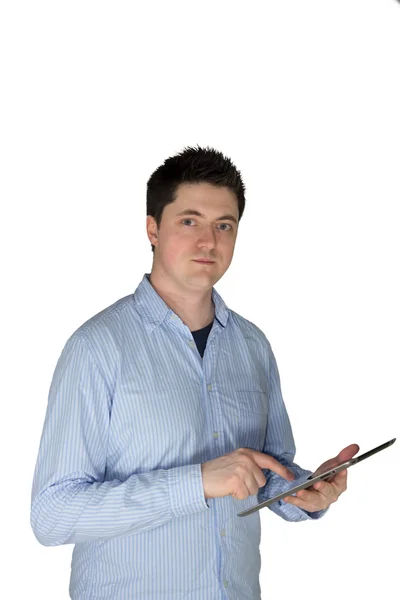 Man touching tablet and looking at me — Stock Photo, Image