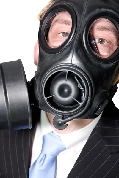 Man med gasmask och kostym — Stockfoto