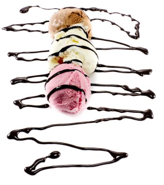 Tricolor scoops on a row with melted chocolate lines clipart