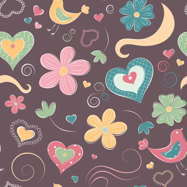 Dessin animé motif sans couture avec des cœurs et des fleurs — Image vectorielle