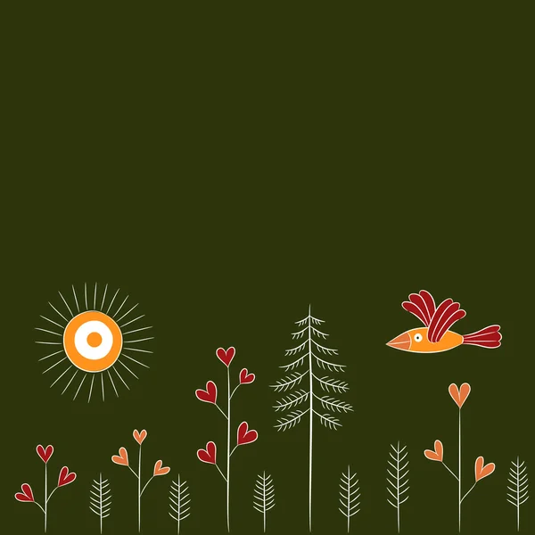 Dessin animé motif sans couture avec oiseau et arbres — Image vectorielle