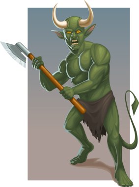 Angry green demon with axe clipart