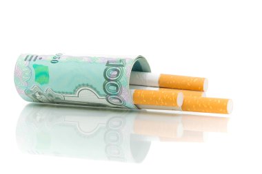 Banknote denominations of 1,000 rubles and cigarettes clipart