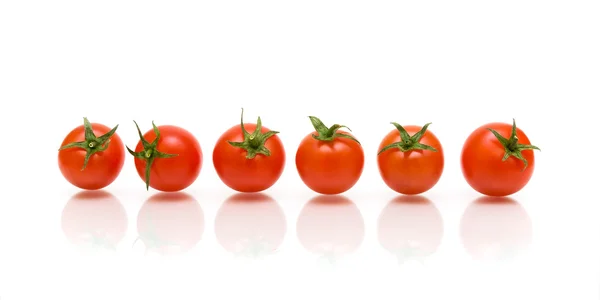 Seis tomates con reflexión sobre fondo blanco — Foto de Stock