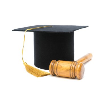 Master's hat and gavel on white background clipart