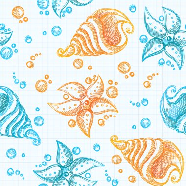 starfishes ve kabukları elle çizilmiş desen