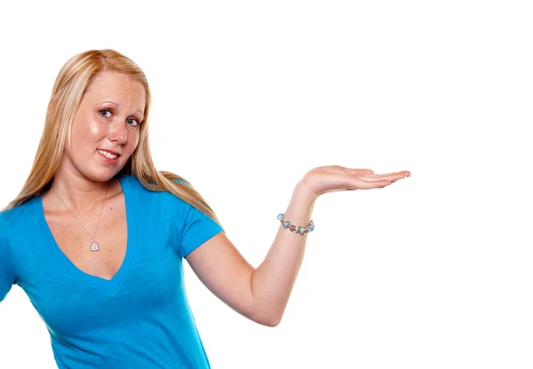 Pretty Blonde on White Background Holding a product — Stock Photo, Image