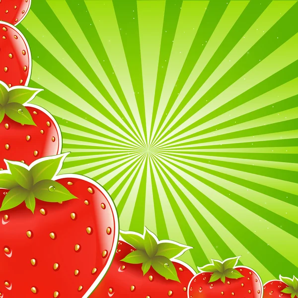 Aardbeien en groene sunburst — Stockvector