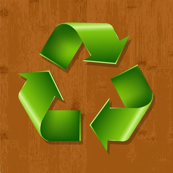Hout achtergrond met recycle symbool — Stockvector