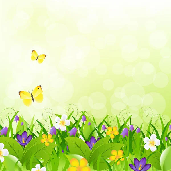 Fleurs avec herbe avec papillon et bokeh — Image vectorielle