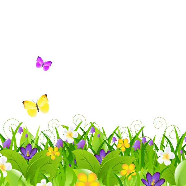 Flores con hierba con mariposa — Vector de stock