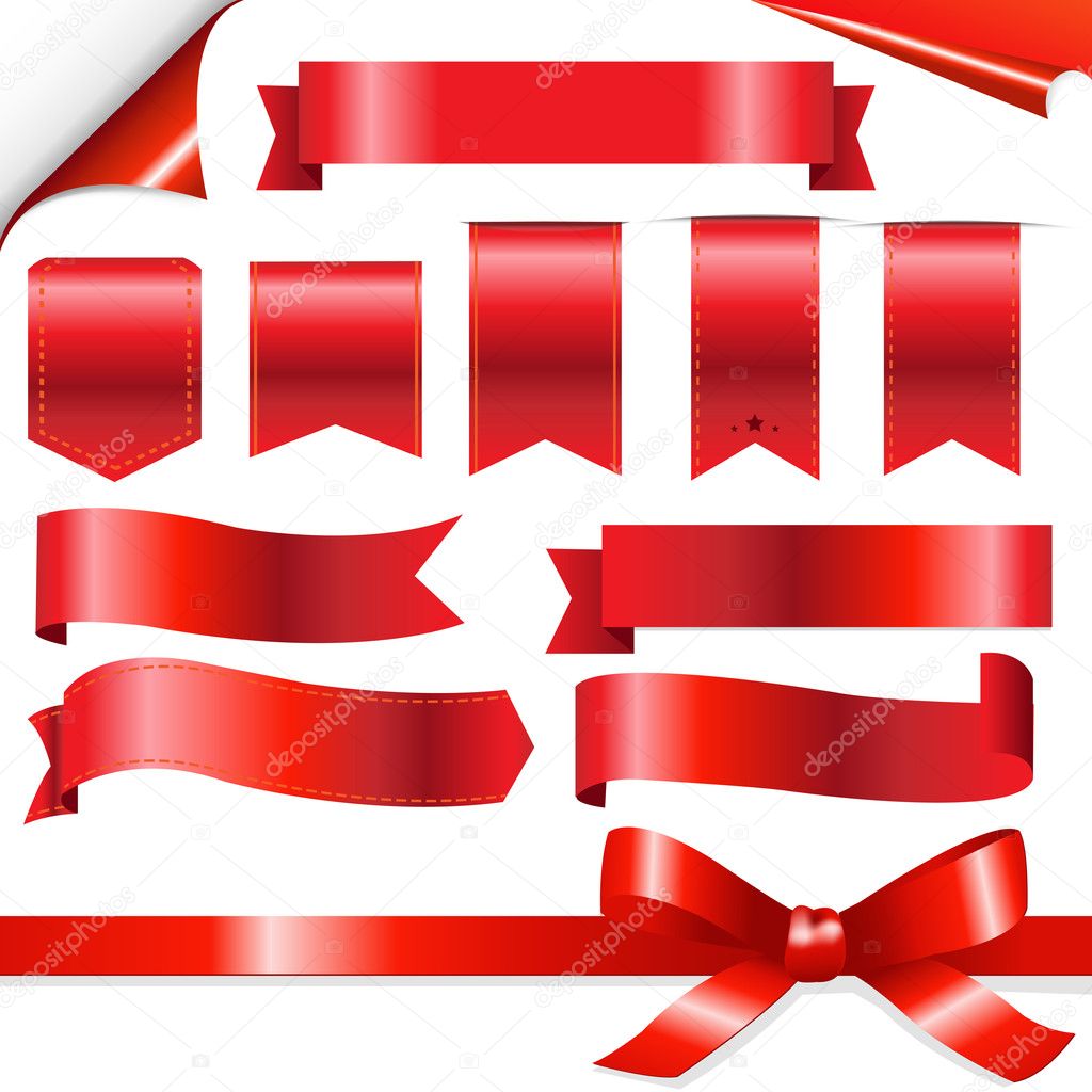 Vector red ribbon banner set. Flat red ribbon for discount label in product  sales. Stock Vector