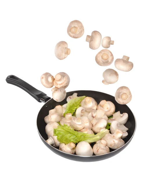 stock image Champignons, leaves of salad and frying pan on a table